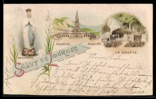 Lithographie Lourdes, N. D. de Lourdes, Eglise du Rosaire, La Grotte
