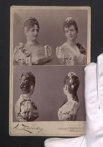 Fotografie L. Zwicky, Wien, Frauenbüste mit eleganter Hochsteckfrisur aus verschiedenen Blickwinkeln, Montage, Frisuren