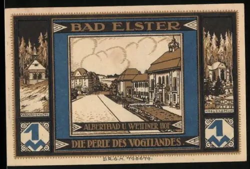 Notgeld Bad Elster, 1 Mark, Albertbad und Wettiner Hof mit Landschaftsansicht und Elstermotiv