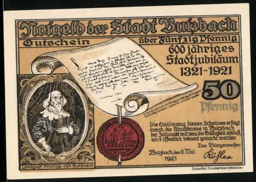 Notgeld Butzbach 1921, 50 Pfennig, 600-jähriges Stadtjubiläum, Landgraf Philipp, Solmser Schloss, Wappen