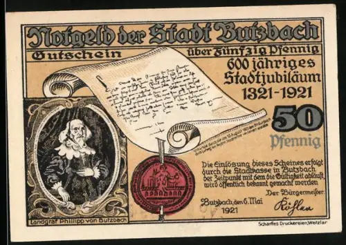 Notgeld Butzbach 1921, 50 Pfennig, Stadtjubiläum und Kaserne der Leibdragoner