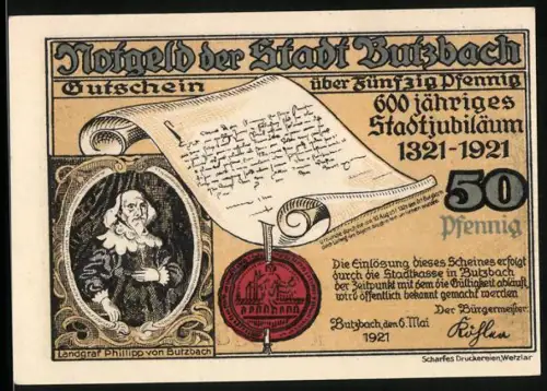 Notgeld Butzbach 1921, 50 Pfennig, Landgraf Philipp und Marktplatzansicht zum 600-jährigen Stadtjubiläum