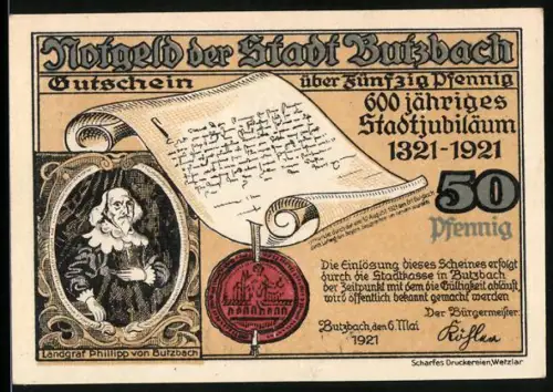 Notgeld Butzbach 1921, 50 Pfennig, 600-jähriges Stadtjubiläum, historische Gebäude und Landgraf Philipp von Butzbach