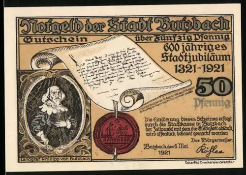 Notgeld Butzbach 1921, 50 Pfennig, Portrait von Landgraf Philipp und Ortsansicht, 600-jähriges Jubiläum