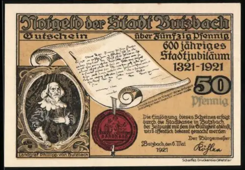 Notgeld Butzbach 1921, 50 Pfennig, Ortsansicht und Dokument zum 600-jährigen Stadtjubiläum