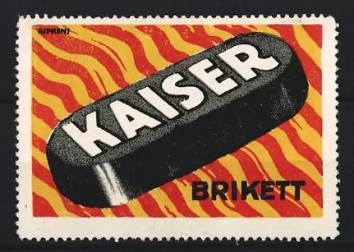 Reklamemarke Kaiser Brikett, Brennstoffblock auf flammendem Hintergrund
