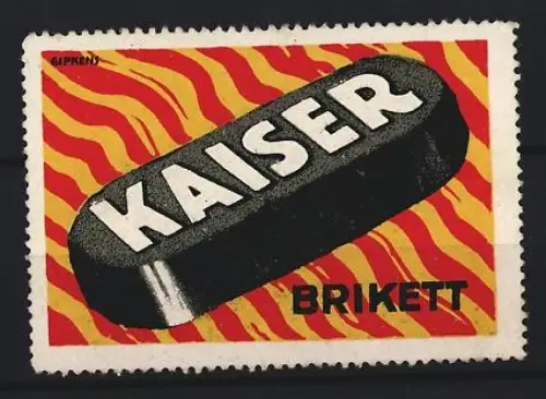 Reklamemarke Kaiser Brikett, Brikett auf rot-gelbem Hintergrund