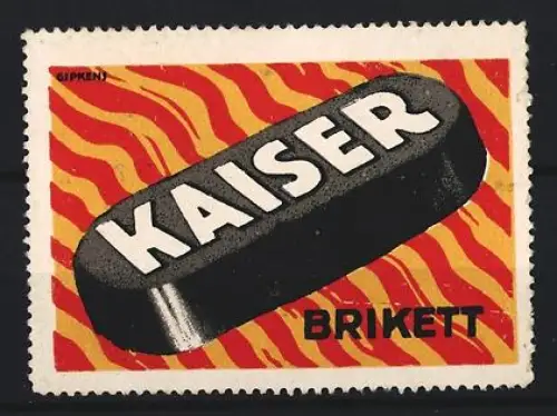 Reklamemarke Kaiser Brikett, Brikett auf Flammenmuster