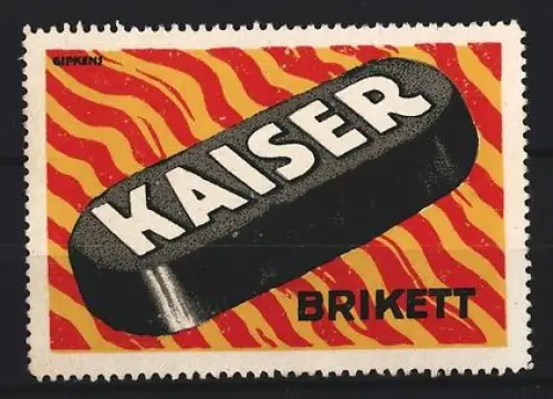 Reklamemarke Kaiser Brikett, Kohlebrikett auf flammendem Untergrund
