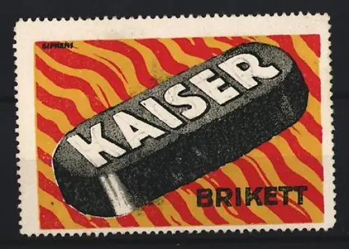 Reklamemarke Kaiser Brikett, Kohlebrikett auf flammendem Untergrund
