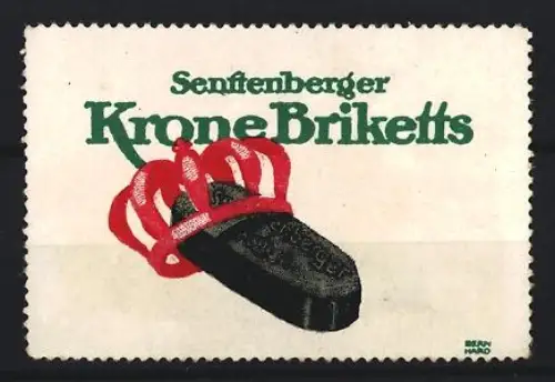 Künstler-Reklamemarke Lucian Bernhard, Senftenberg, Krone Briketts, Krone auf Brikett