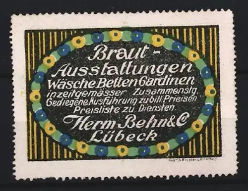 Reklamemarke Lübeck, Herm. Behn & Co., Braut-Ausstattungen, Blumengirlande