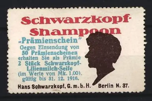 Reklamemarke Berlin, Hans Schwarzkopf GmbH, Schwarzkopf Shampoo, Silhouette eines Kopfes