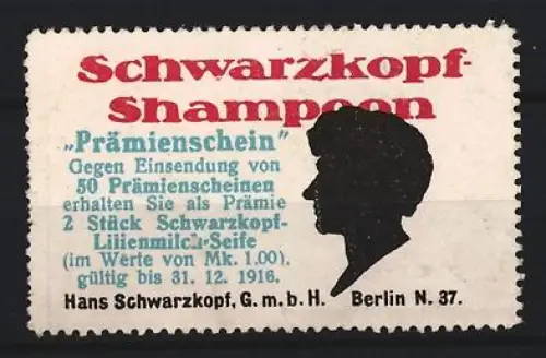 Reklamemarke Berlin, Hans Schwarzkopf GmbH, Schwarzkopf Shampoo, Silhouette Kopfprofil