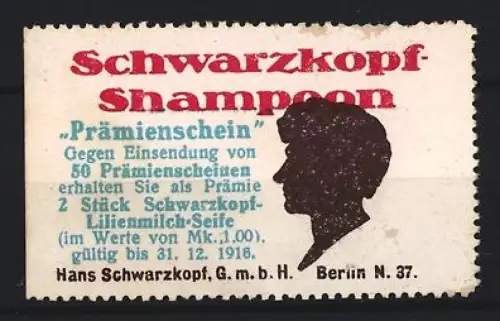 Reklamemarke Berlin, Hans Schwarzkopf GmbH, Schwarzkopf-Shampoo, Silhouette eines Kopfes
