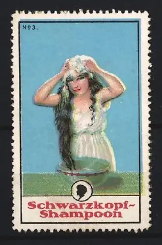 Reklamemarke Schwarzkopf-Shampoon, Frau beim Haarewaschen