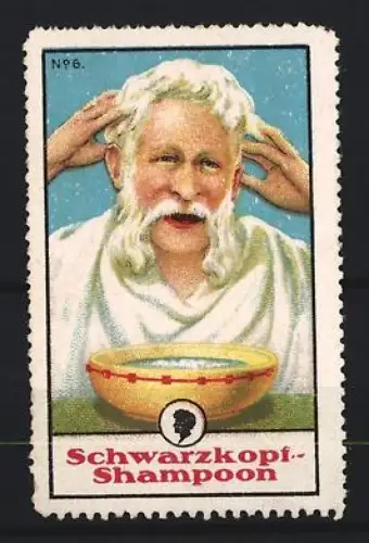 Reklamemarke Schwarzkopf-Shampoon, Mann mit weissem Haar und Bart bei der Haarwäsche