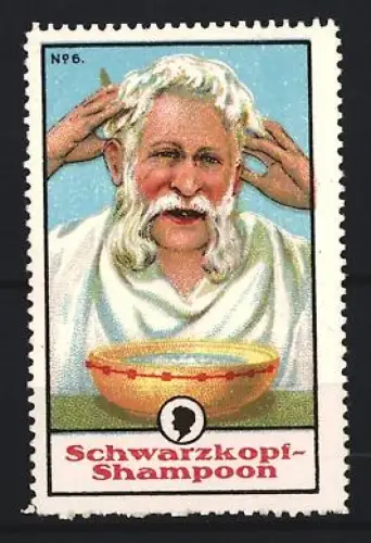 Reklamemarke Schwarzkopf-Shampoon, Mann mit Schüssel bei der Haarwäsche