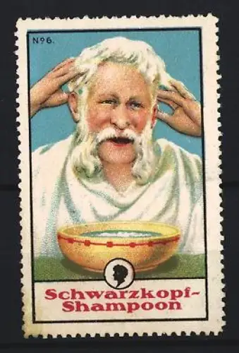 Reklamemarke Schwarzkopf-Shampoon, Mann mit Schale bei der Haarwäsche