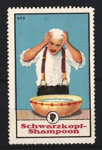 Reklamemarke Schwarzkopf-Shampoon, Mann mit Waschschüssel bei der Haarwäsche