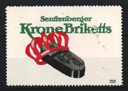 Künstler-Reklamemarke Lucian Bernhard, Senftenberg, Krone Briketts, Krone mit Brikett