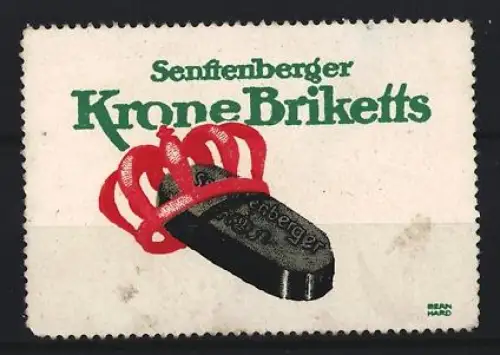 Künstler-Reklamemarke Lucian Bernhard, Senftenberg, Krone Briketts, rote Krone auf Kohlebrikett