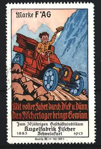 Reklamemarke Schweinfurt, Kugelfabrik Fischer, Kugellager Marke F*AG, Mann im Auto auf Bergweg