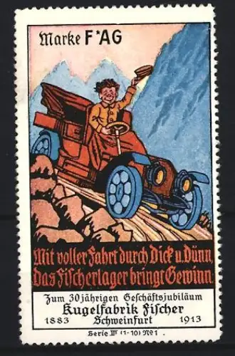 Reklamemarke Schweinfurt, Kugelfabrik Fischer, Kugellager Marke F*AG, Auto auf Bergstrasse