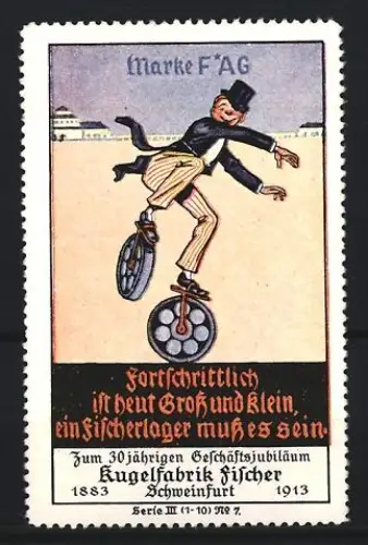 Reklamemarke Schweinfurt, Kugelfabrik Fischer, Kugellager Marke F*AG, Mann auf zwei Kugellagern