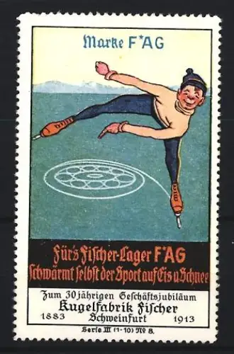Reklamemarke Schweinfurt, Kugelfabrik Fischer, Kugellager Marke F*AG, Eiskunstläufer läuft ein Kugellager in das Eis