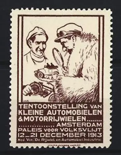 Reklamemarke Amsterdam, Tentoonstelling van Kleine Automobielen & Motorrijwielen 1913, Männer mit Modellauto