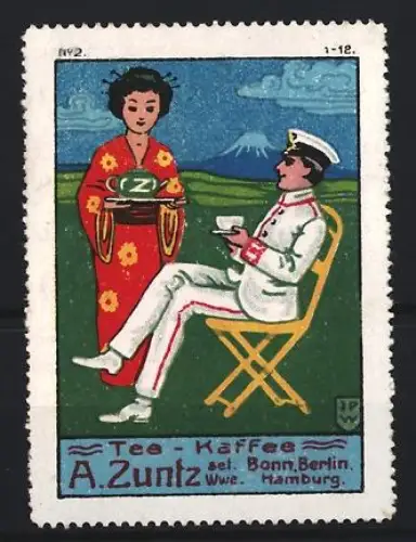 Reklamemarke Bonn, A. Zuntz Wwe., Tee-Kaffee, Soldat im weissen Anzug und Frau im Kimono
