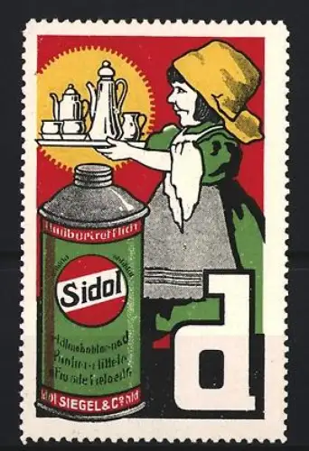 Reklamemarke Sidol, Politur, Mädchen mit Tablett und Produktdose