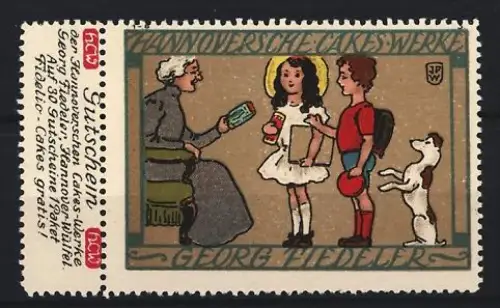 Künstler-Reklamemarke Johann Peter Werth: Hannover, Georg Fiedeler, Hannoversche Cakes Werke, Kinder u. Hund