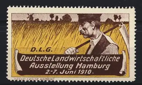 Reklamemarke Hamburg, Deutsche Landwirtschaftliche Ausstellung 1910, Landwirt mit Sense