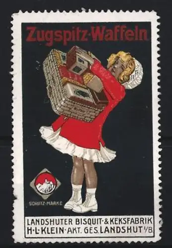Reklamemarke Landshut i. B., Landshuter Bisquit- & Keksfabrik H. Klein, Zugspitz-Waffeln, Mädchen mit Waffelpaketen