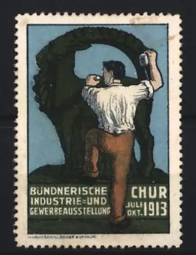 Reklamemarke Chur, Bündnerische Industrie- und Gewerbeausstellung 1913, Bildhauer bei der Arbeit