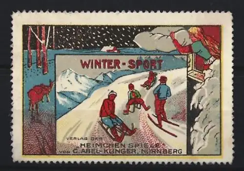 Reklamemarke Nürnberg, Heimchen-Spiele, Winter-Sport, Rodler im Schnee
