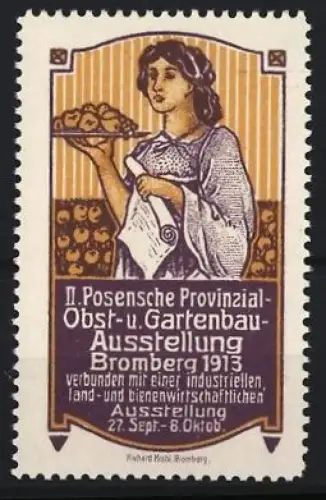 Reklamemarke Bromberg, Obst- und Gartenbau-Ausstellung 1913, Frau mit Früchten