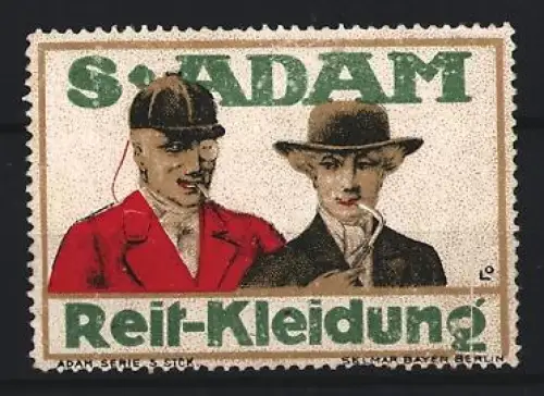 Reklamemarke S. Adam Reit-Kleidung, Zwei Reiter mit Hüten