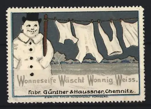 Reklamemarke Chemnitz, Wonnesseife Wäschst Wonnig Weiss, Schneemann und Wäscheleine