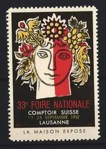 Reklamemarke Lausanne, 33e Foire Nationale 1952, Gesicht mit Blumenkranz