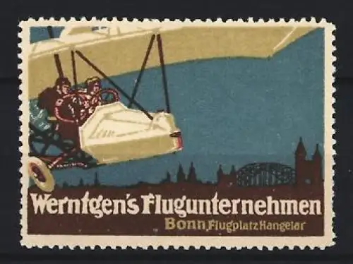 Reklamemarke Bonn, Werntgen`s Flugunternehmen, Doppeldecker über Ortsansicht