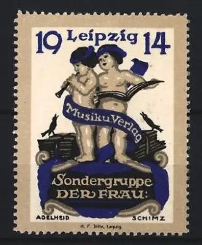 Reklamemarke Adelheid Schimz, Leipzig, Sondergruppe der Frau 1914, Putten mit Instrumenten