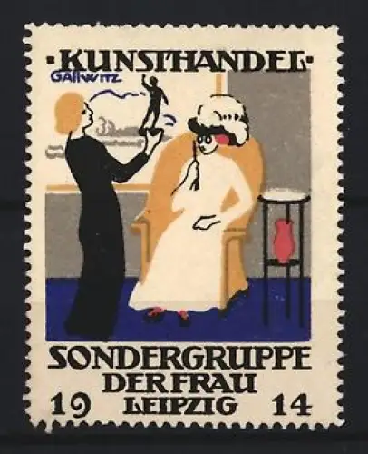Reklamemarke Gallwitz, Leipzig, Sondergruppe der Frau 1914, Kunsthandel-Szene