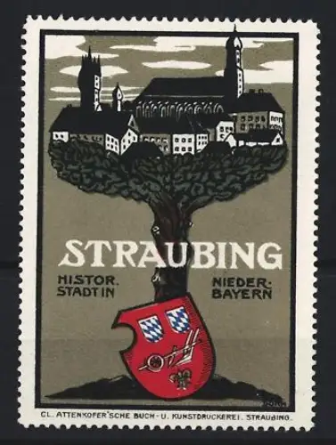 Reklamemarke Straubing, Histor. Stadt in Niederbayern, Ortsansicht mit Wappen