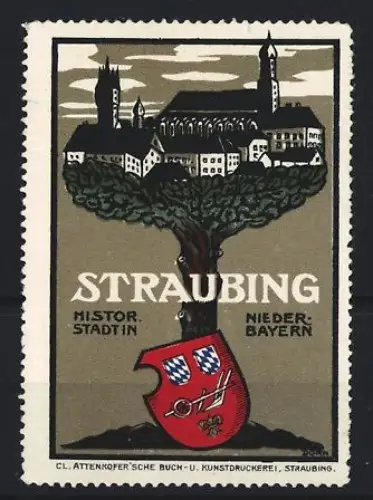 Reklamemarke Straubing, Mistor Stadt in Niederbayern, Ortsansicht mit Wappen
