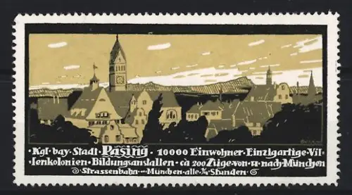 Reklamemarke Pasing, Kgl. bay. Stadt, Ortsansicht mit Kirchturm