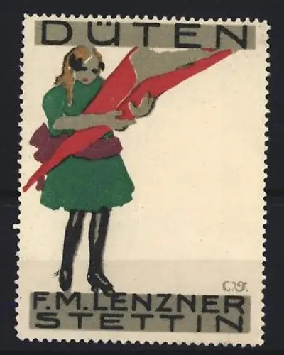Reklamemarke Stettin, F. M. Lenzner, Düten, Mädchen mit Schultüte