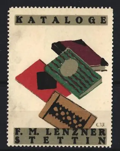 Reklamemarke Stettin, F. M. Lenzner Kataloge, Bücherstapel